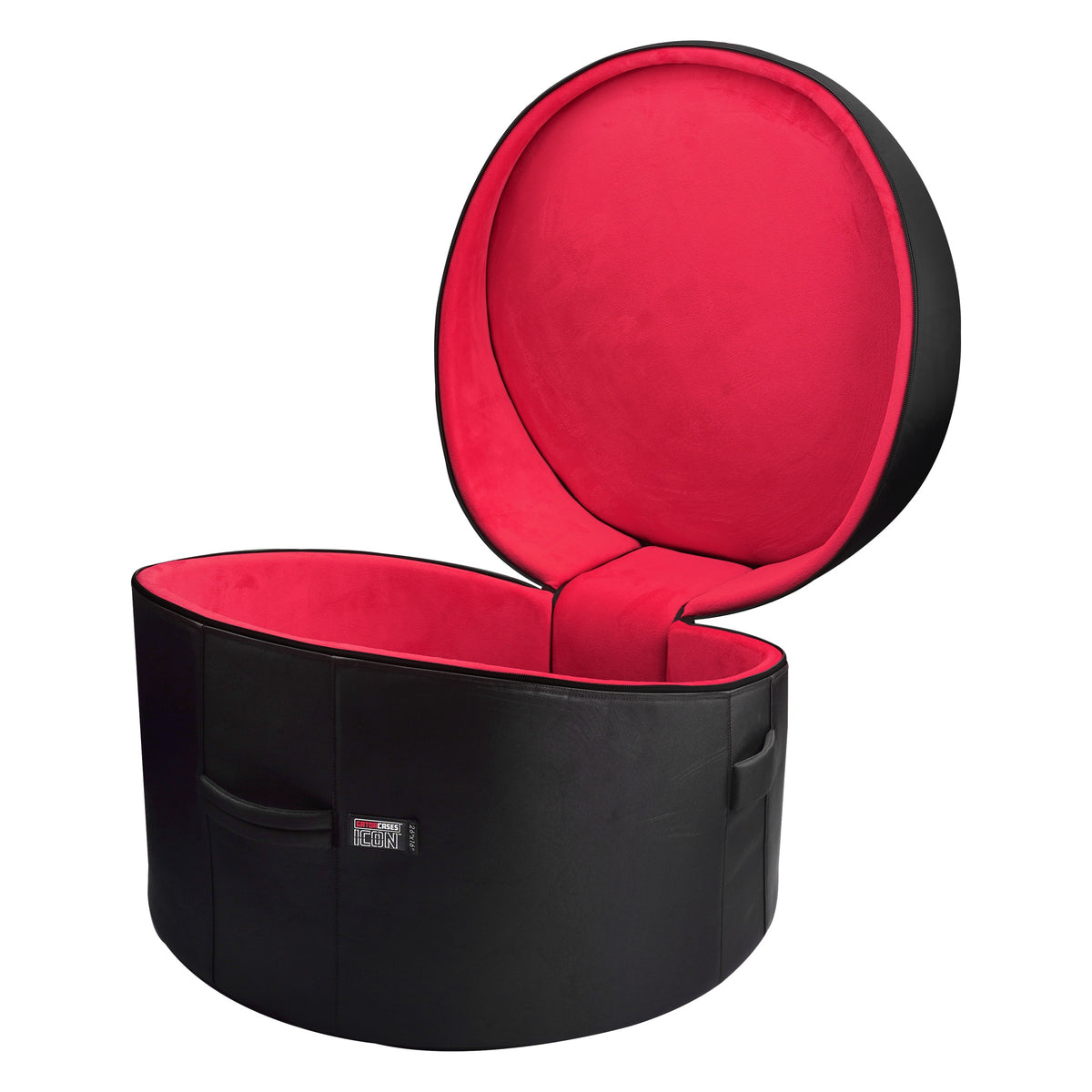 GP-ICON-2616BD 26x16 bass drum bag open with lid raised showing plush red interior lining and black exterior with side handle, Gator