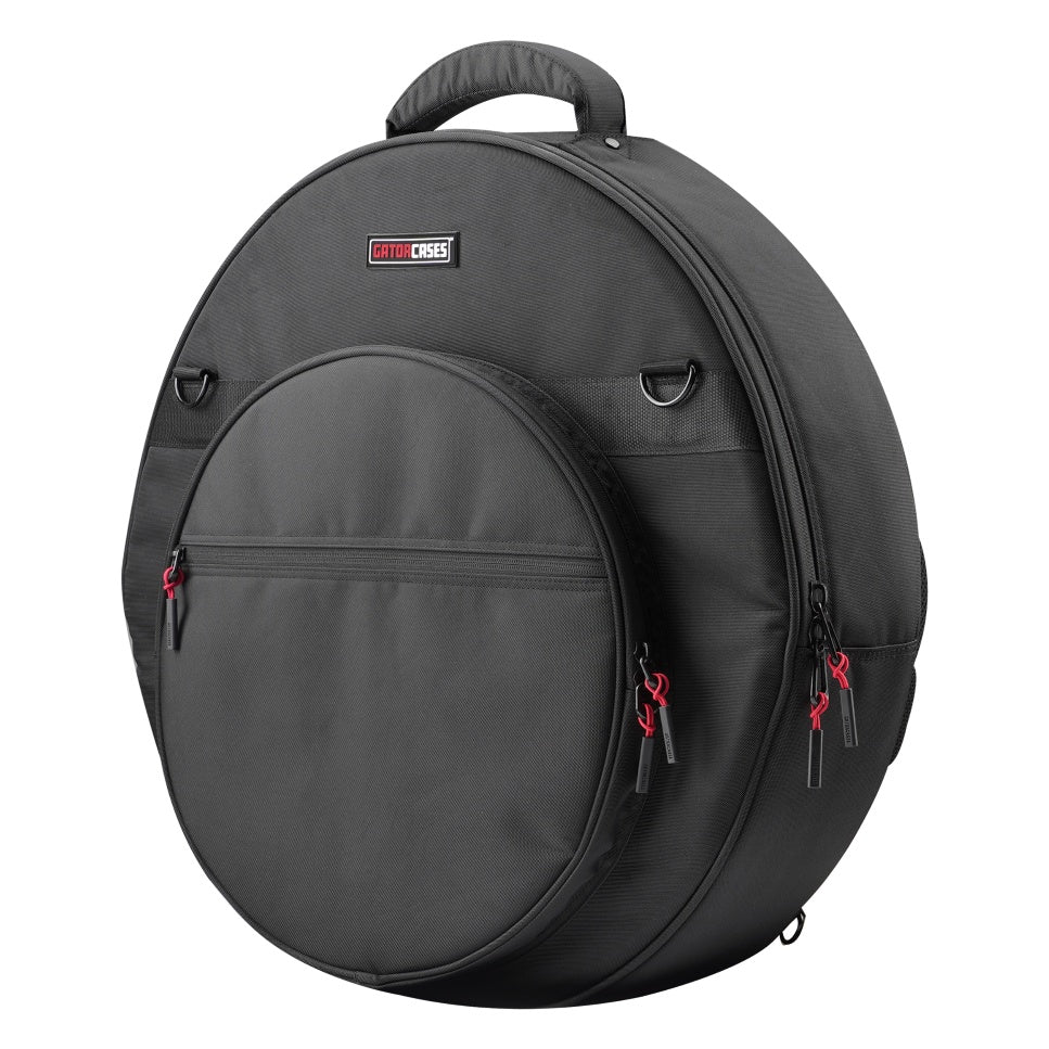 GP-ICON-CYM22 22" cymbal bag front three-quarter view showing zippered front pocket, red zipper pulls and padded top handle, Gator