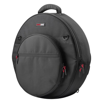 GP-ICON-CYM22 22" cymbal bag front three-quarter view showing zippered front pocket, red zipper pulls and padded top handle, Gator