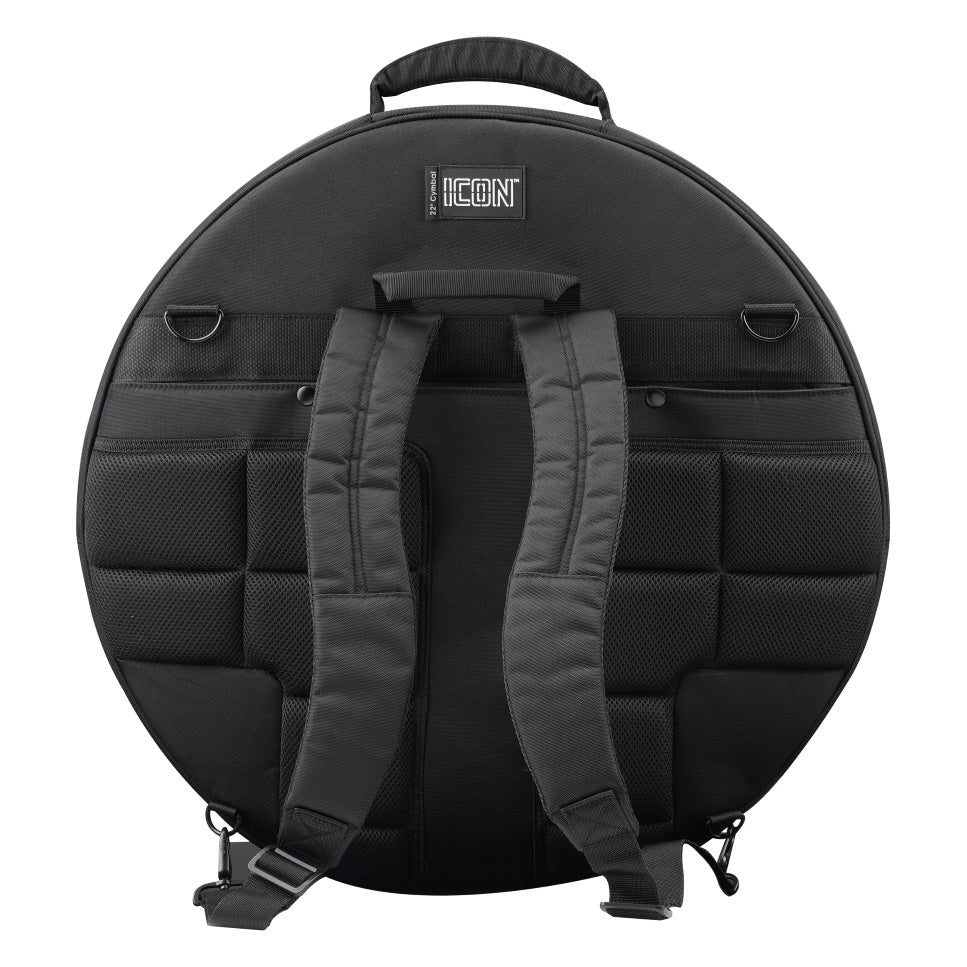 GP-ICON-CYM22 22" cymbal bag rear view showing padded backpack shoulder straps, ventilated mesh back panel and ICON label, Gator