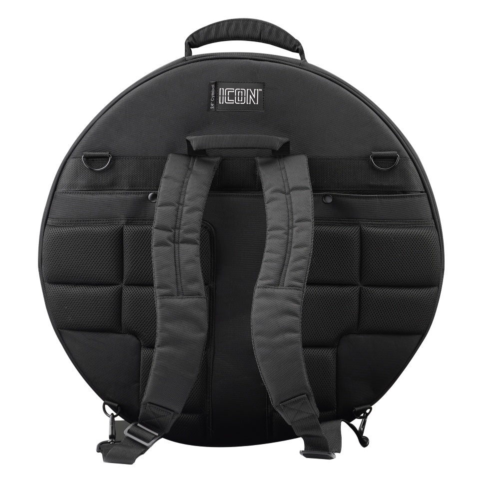GP-ICON-CYM24 24 inch cymbal bag rear view showing padded backpack shoulder straps, ICON label and D-ring attachment points, Gator