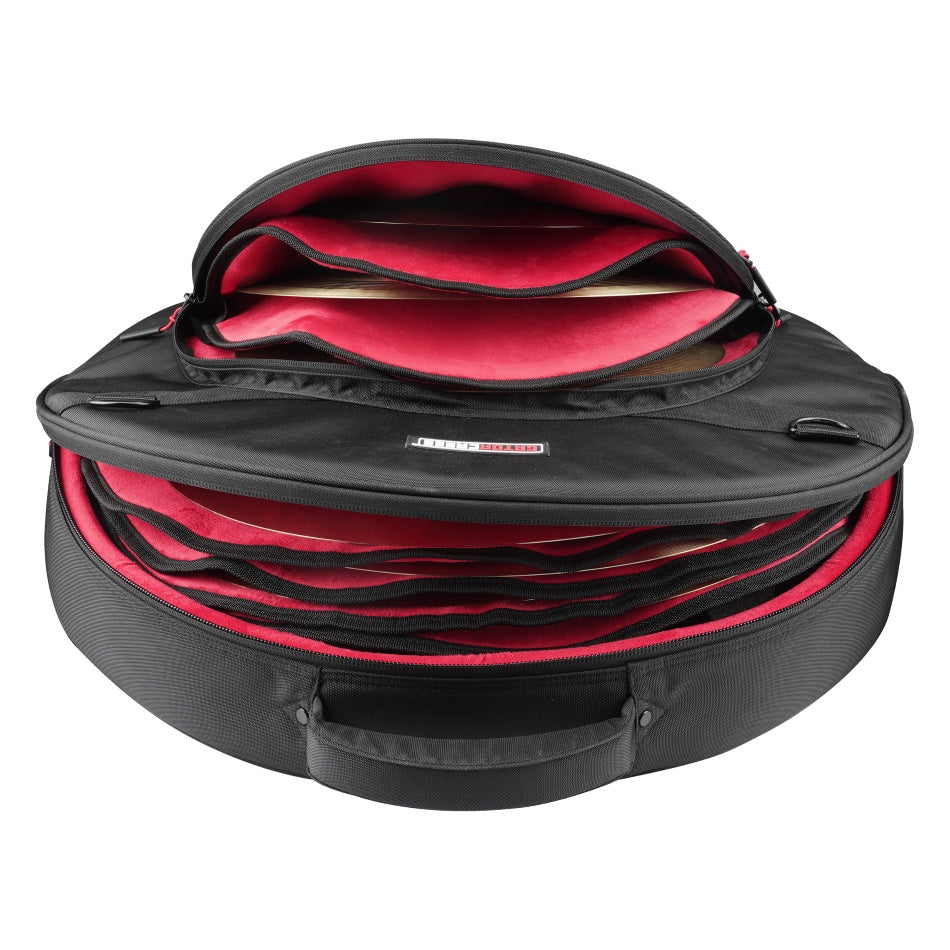 GP-ICON-CYM24 24 inch cymbal bag open showing red plush interior with zippered cymbal dividers and cymbals stored, Gator