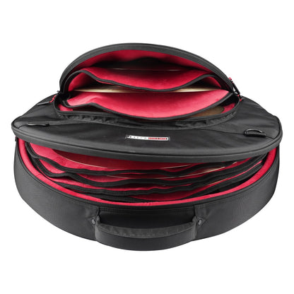 GP-ICON-CYM24 24 inch cymbal bag open showing red plush interior with zippered cymbal dividers and cymbals stored, Gator