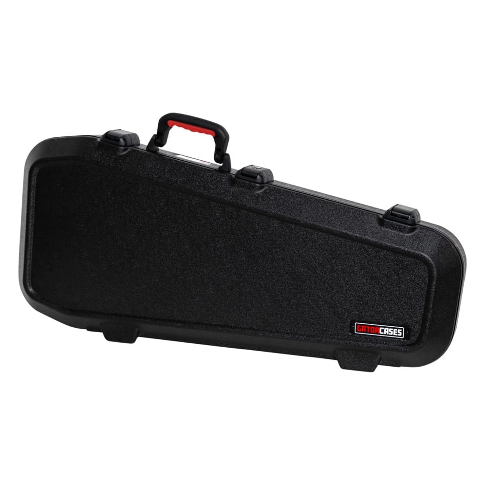 GTSA-HEADLESSELEC headless electric guitar case closed exterior view with red-accent carry handle and three black latches, Gator