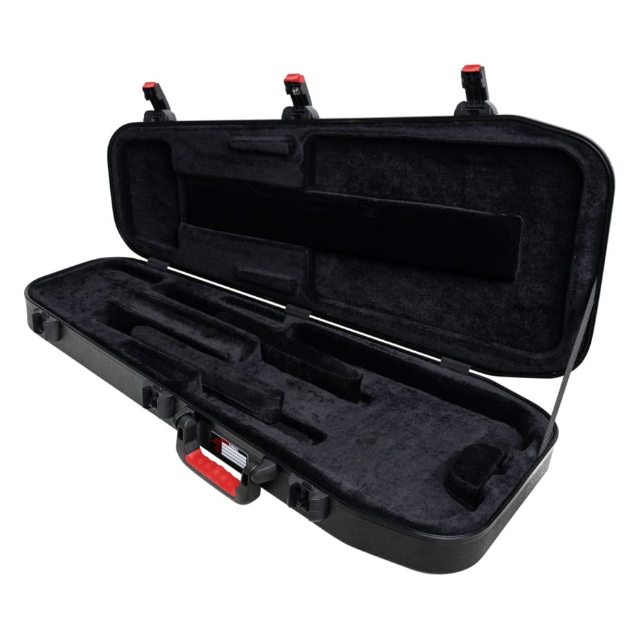GTSA-HEADLESSELEC headless electric guitar case open interior view showing black plush lining, contoured neck and body cradle, and red-release latches, Gator