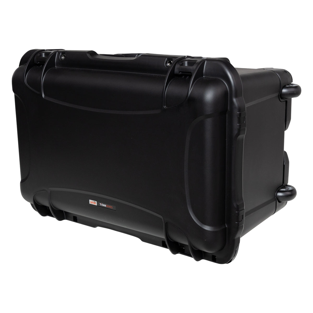 GU-2112-11-WPNF waterproof case rear three-quarter view showing molded rear shell, Titan Series badge and inline skate wheels, Gator