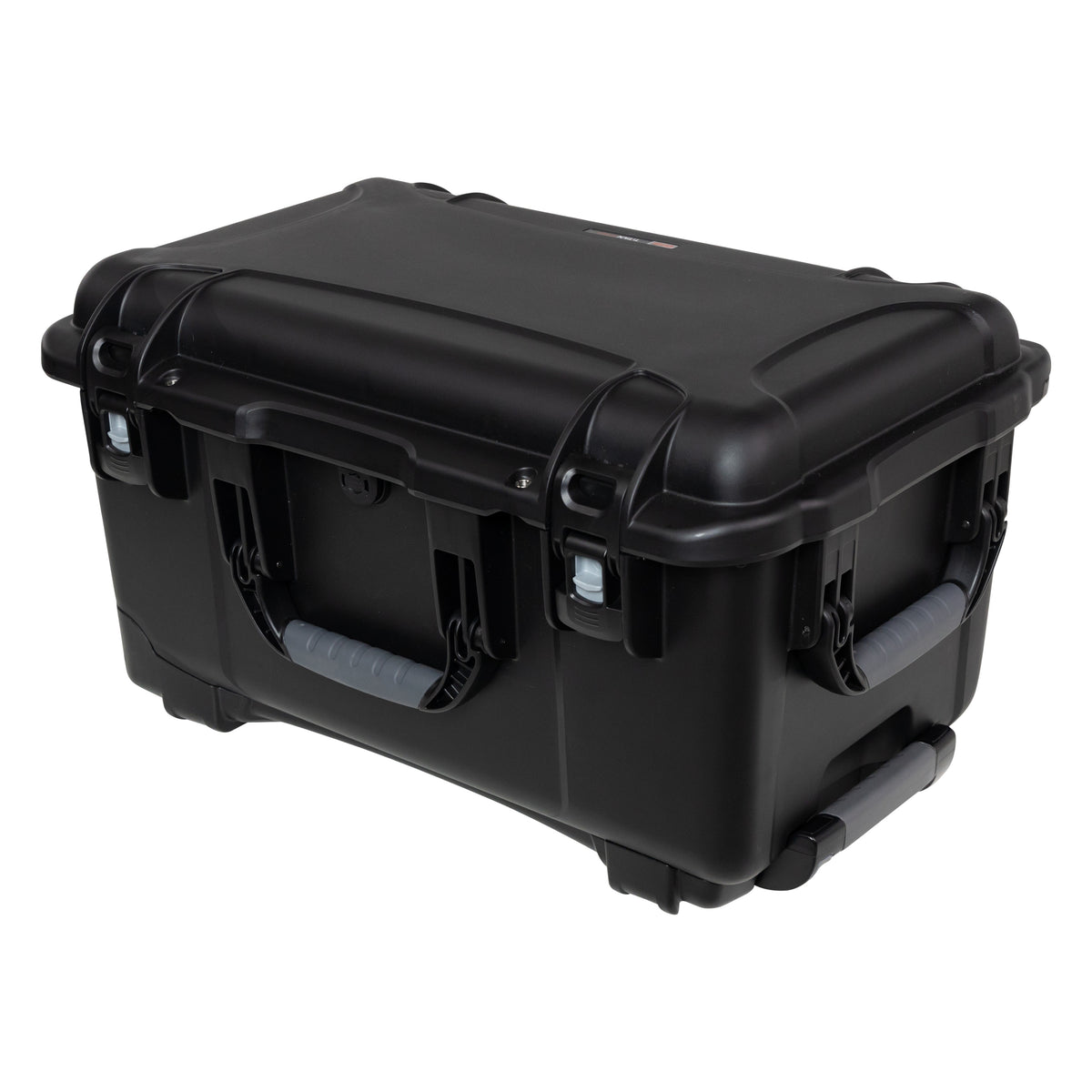 GU-2112-11-WPNF waterproof case closed front three-quarter view with latches, grey-grip side handles and retracted trolley handle, Gator