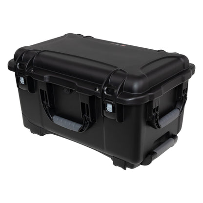 GU-2112-11-WPNF waterproof case closed front three-quarter view with latches, grey-grip side handles and retracted trolley handle, Gator