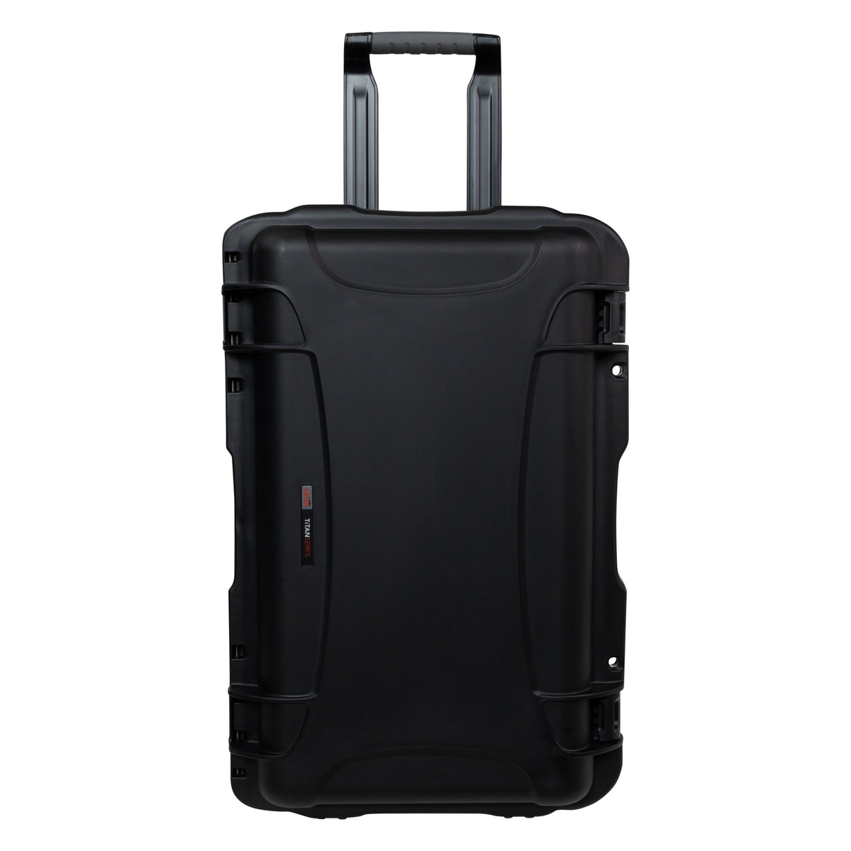 GU-2112-11-WPNF waterproof case upright back view with telescoping trolley handle extended and Titan Series label, Gator