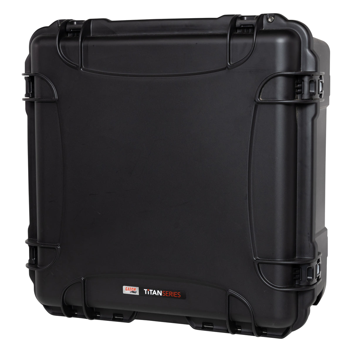 GU-2424-14-WPDF waterproof case closed, angled front view showing Titan Series label, latches and molded side handle recesses, Gator