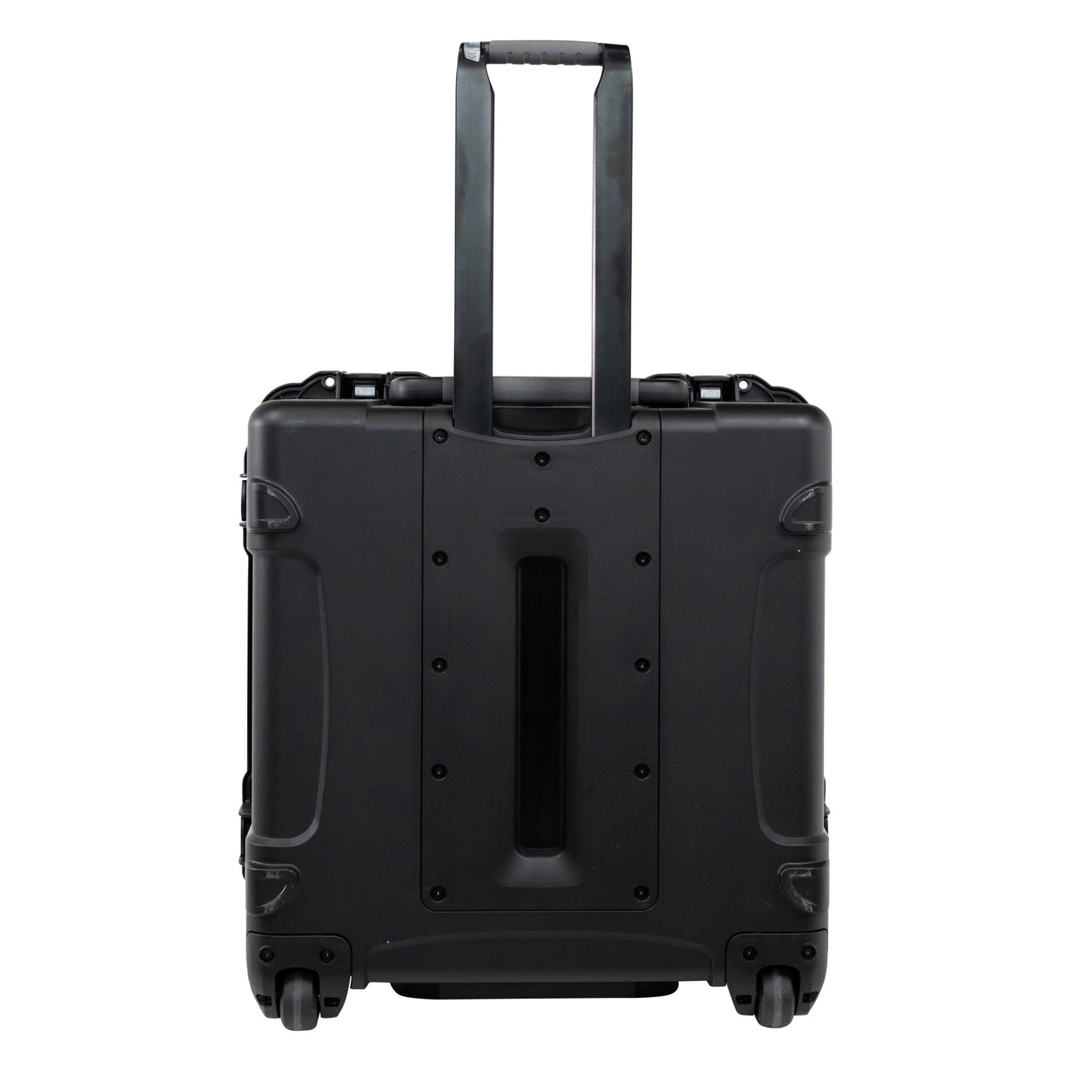 GU-2424-14-WPNF waterproof case rear view with telescoping pull handle extended and in-line skate wheels, Gator