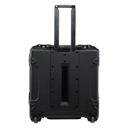 GU-2424-14-WPNF waterproof case rear view with telescoping pull handle extended and in-line skate wheels, Gator