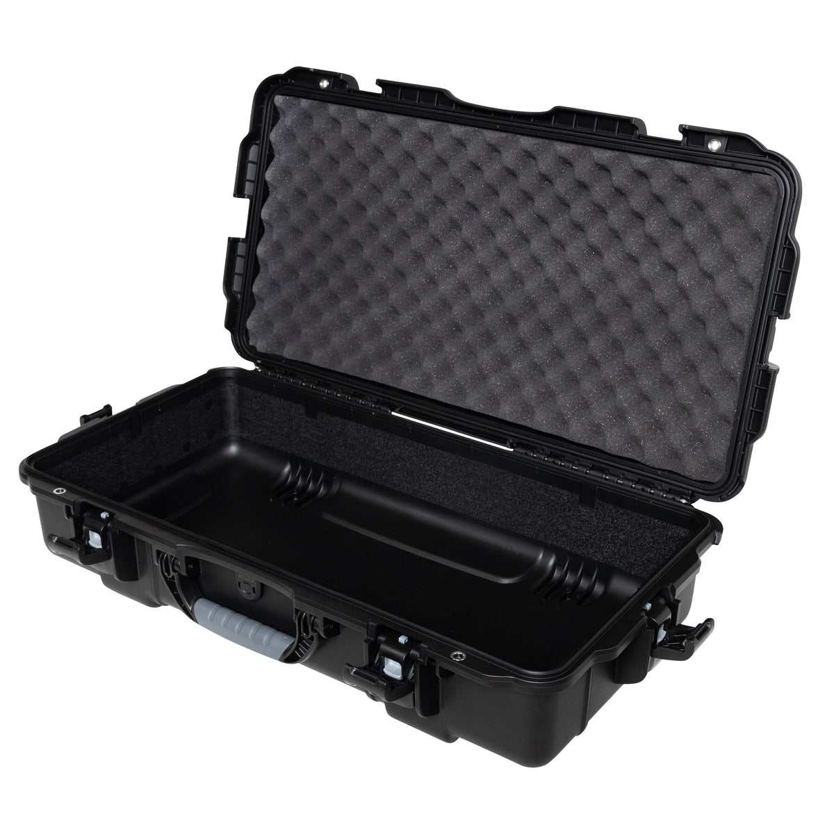 GU-2613-06-WPNF waterproof case open showing egg-crate foam in the lid and empty black interior with gray carry handle, Gator