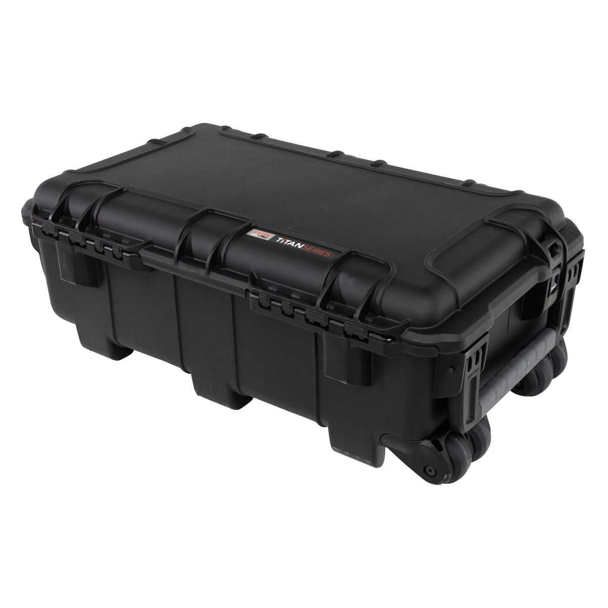GU-2816-09-WPDF waterproof case closed top three-quarter view showing latches, Titan Series badge and rear wheels, Gator