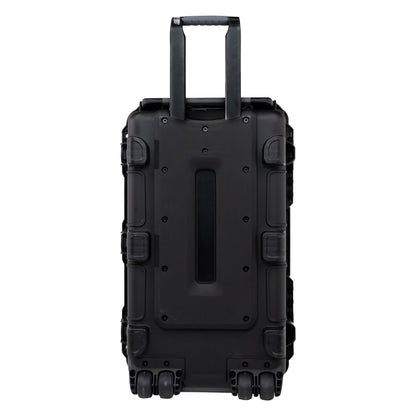 GU-2816-09-WPDF waterproof case rear view with extended telescoping handle, recessed grip and four inline wheels, Gator
