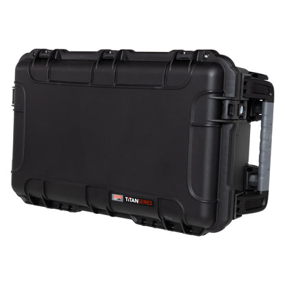 GU-2816-09-WPNF waterproof case closed, angled front view showing Titan Series badge and telescoping handle at side, Gator