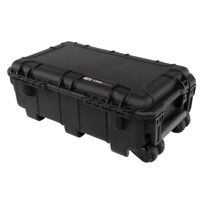 GU-2816-09-WPNF waterproof case lid-up three-quarter view showing latches, Titan Series badge and rear wheels, Gator