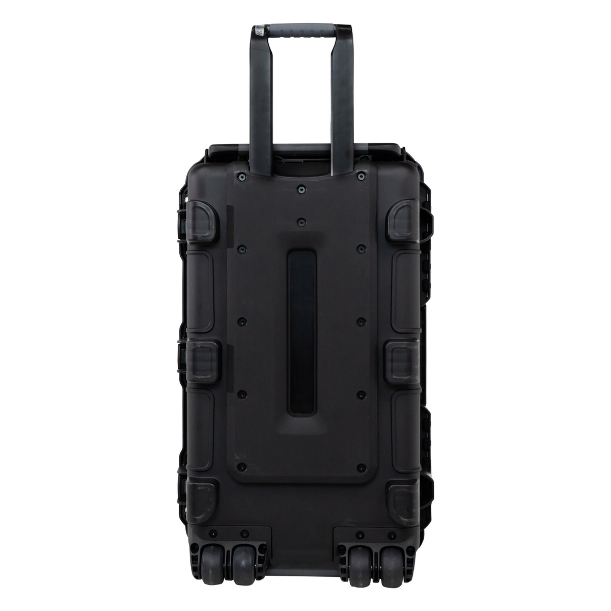 GU-2816-09-WPNF waterproof case rear view with telescoping handle extended above the back panel and dual wheel sets at the base, Gator