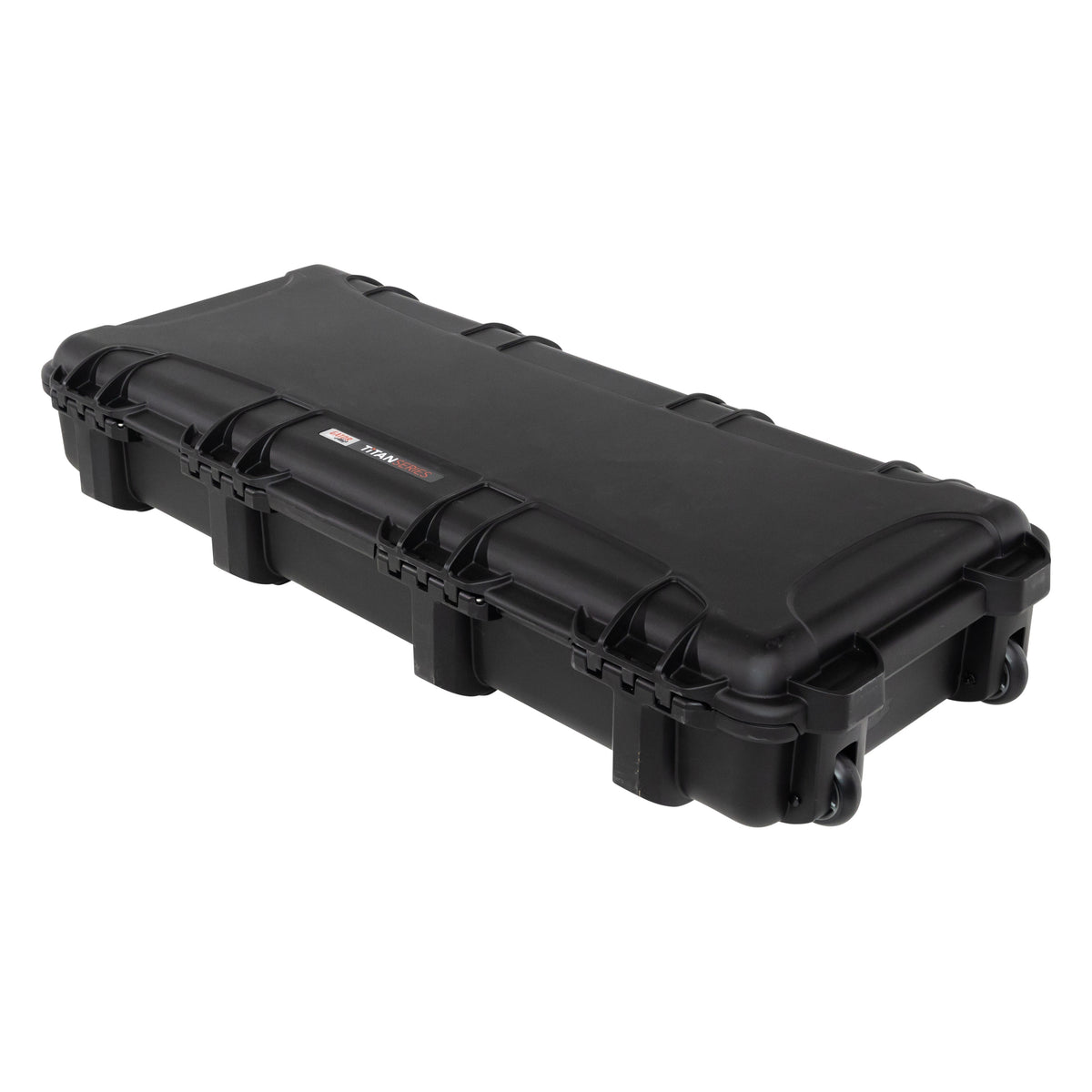 GU-3614-06-WPNF waterproof case closed, angled view showing latches along the side and recessed wheels at the end, Gator
