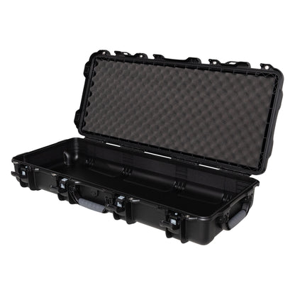 GU-3614-06-WPNF waterproof case open, showing egg-crate foam in the lid, empty lower shell, gray carry handles and four latches, Gator