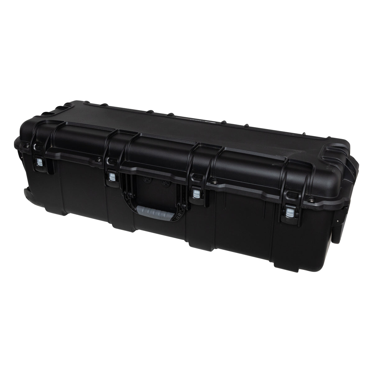GU-4113-12-WPNF waterproof case front three-quarter view with four latches closed and gray rubber carry handle, Gator