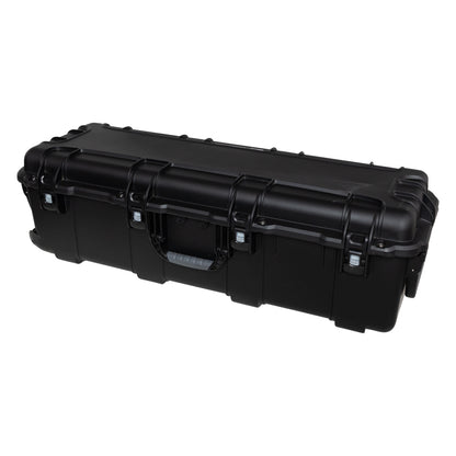 GU-4113-12-WPNF waterproof case front three-quarter view with four latches closed and gray rubber carry handle, Gator