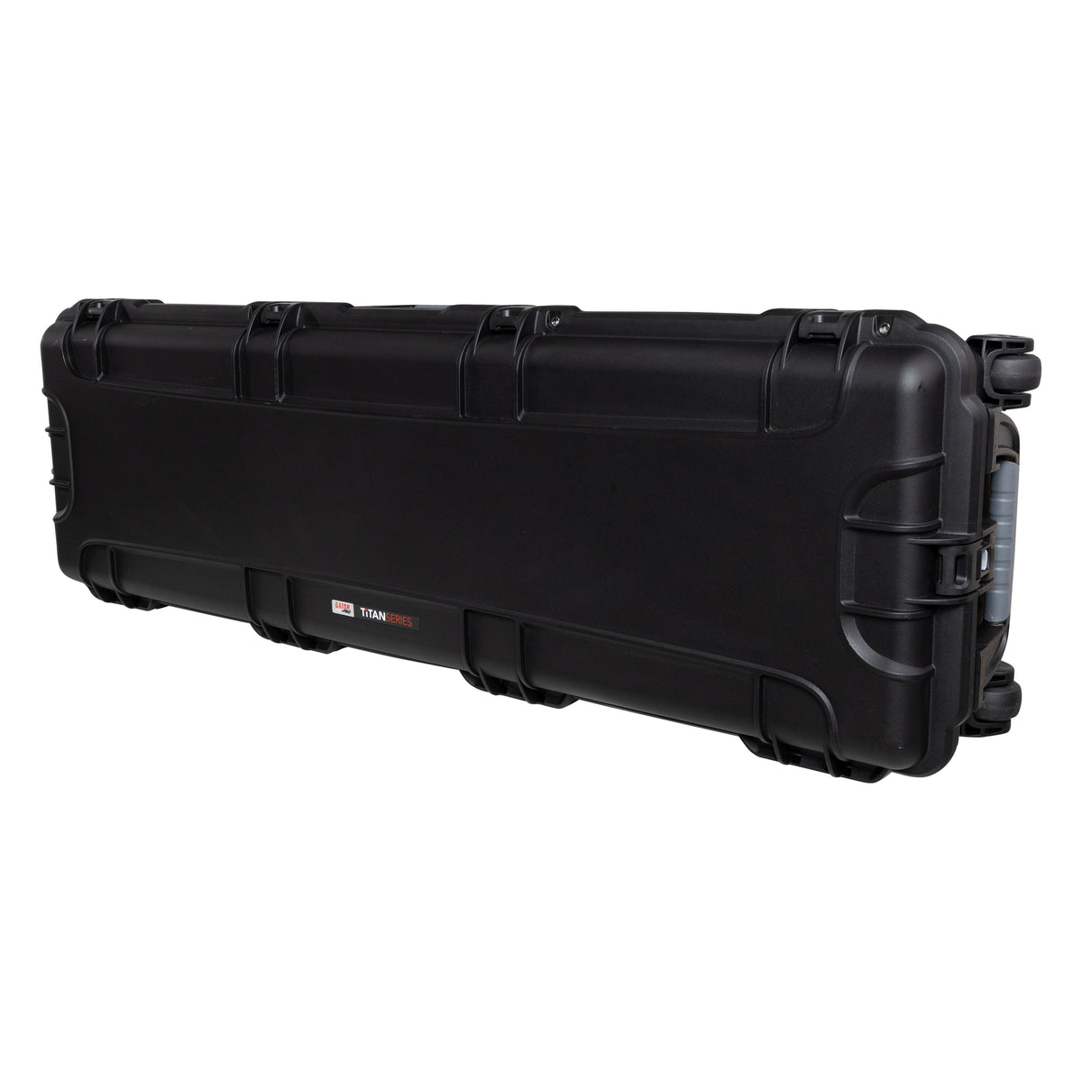 GU-5516-08-WPNF waterproof case closed, angled front view showing Titan Series badge, molded latches and rear wheels, Gator