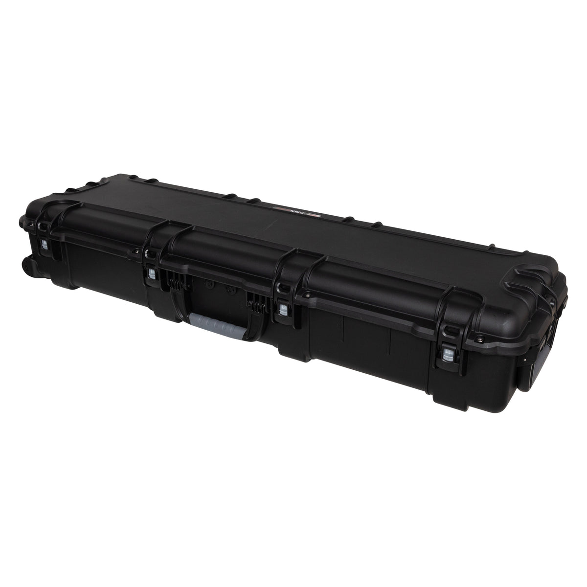 GU-5516-08-WPNF waterproof case closed, angled view of latch side showing three latches and grey rubber carry handle, Gator
