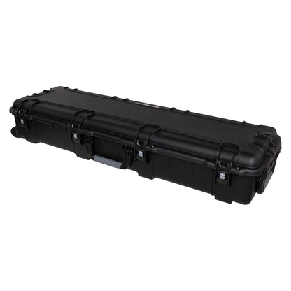 GU-5516-08-WPNF waterproof case closed, angled view of latch side showing three latches and grey rubber carry handle, Gator