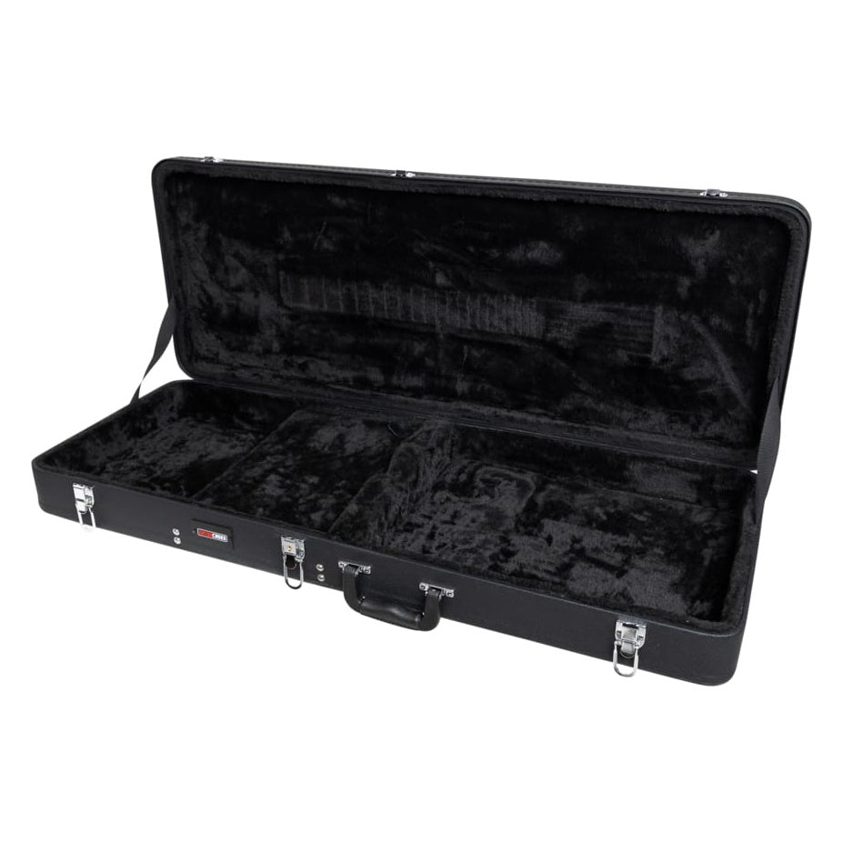GWE-TODFRHN Ibanez TOD and FRH guitar case open showing black plush interior with shaped neck and body cradle and chrome latches, Gator