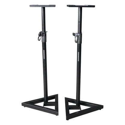 RI-SPK-SM20-TRI studio monitor stand pair, front three-quarter view showing triangular steel bases, height-adjustable poles with locking clamps and flat top plates, Gator