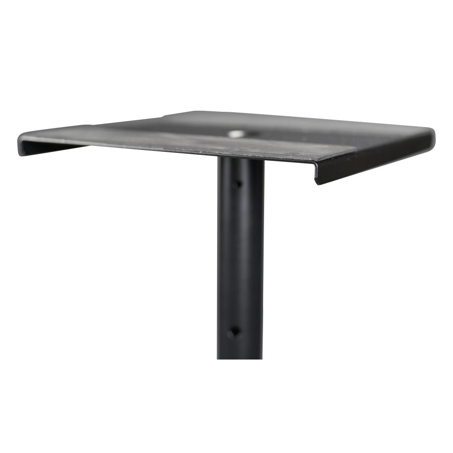 RI-SPK-SM20-TRI monitor stand top plate side view showing folded steel edges, center mounting bolt and pole height adjustment holes, Gator