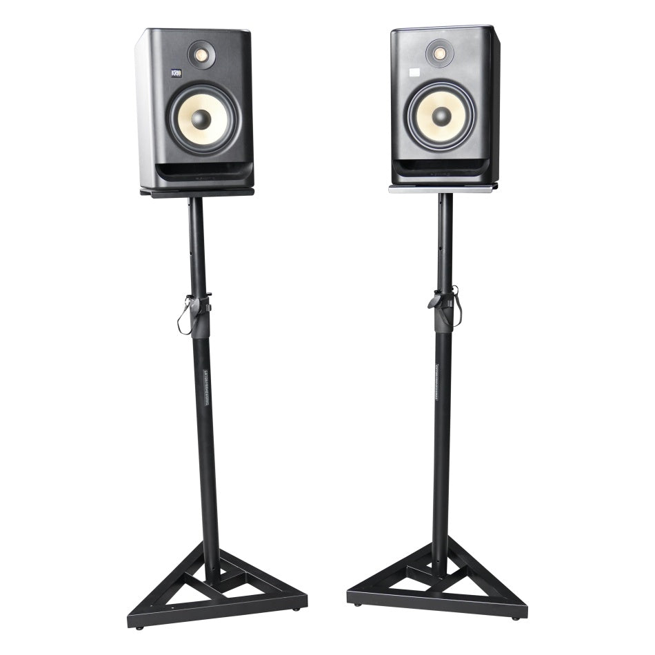 RI-SPK-SM20-TRI studio monitor stand pair in use with two KRK studio monitors mounted on the top plates, Gator
