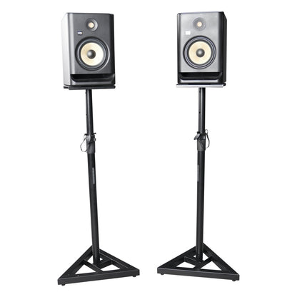 RI-SPK-SM20-TRI studio monitor stand pair in use with two KRK studio monitors mounted on the top plates, Gator