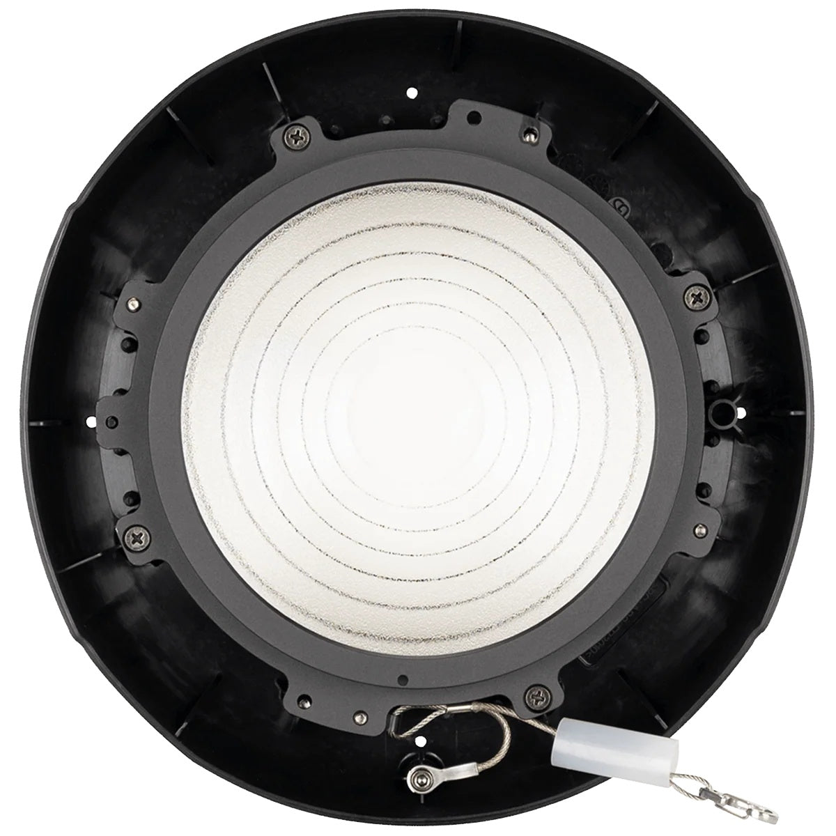 PAR148 Paragon M Fresnel lens rear view showing concentric lens rings, mounting screws and steel safety cable, Elation