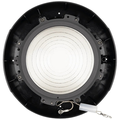 PAR148 Paragon M Fresnel lens rear view showing concentric lens rings, mounting screws and steel safety cable, Elation
