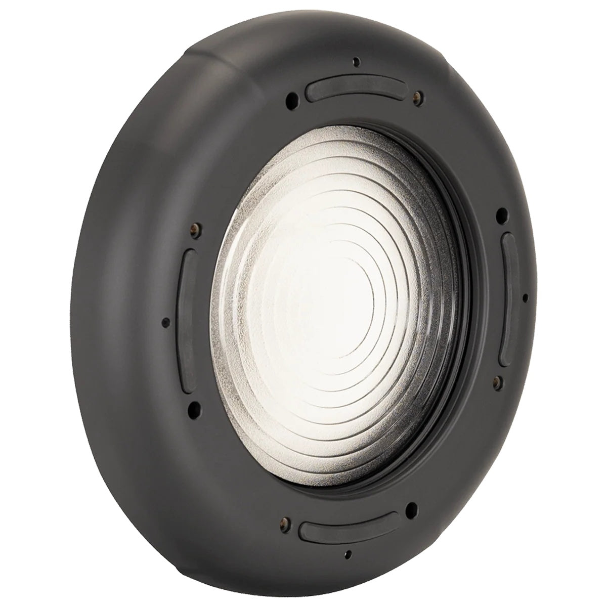 PAR148 Paragon M Fresnel lens angled front view in black housing with concentric stepped rings and side grip recesses, Elation