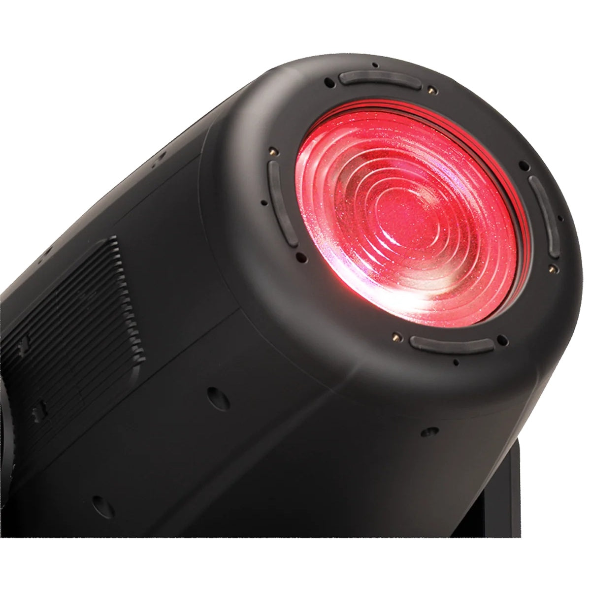 PAR148 Paragon M moving head fixture with Fresnel lens fitted and glowing red, side vent visible on black body, Elation