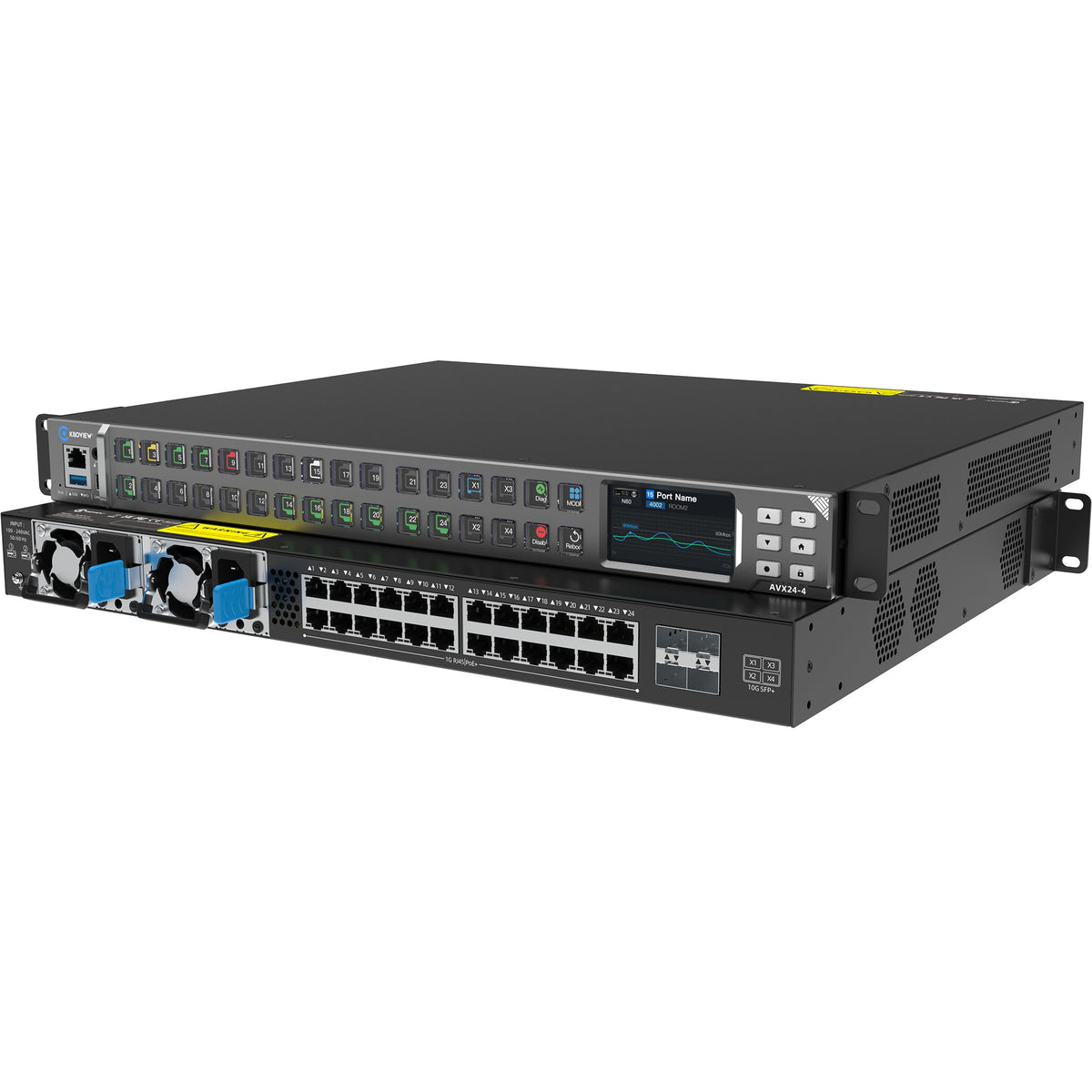 AVX24-4 media hub front and rear angled view showing port status buttons and LCD display above dual hot-swap power supplies, 24 RJ45 PoE+ ports and 4 SFP+ slots, Kiloview