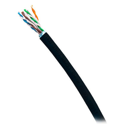 C2G56049 Cat6A solid UTP bulk cable cut-end close-up showing four twisted pairs in blue, green, orange and brown against a black CMR jacket, C2G