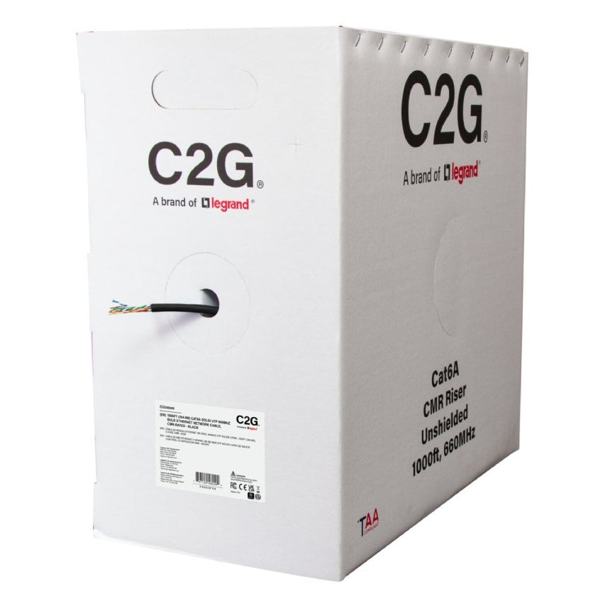 C2G56049 1000ft Cat6A bulk cable pull box angled view showing C2G logo, product label and black cable feeding from the payout hole, C2G