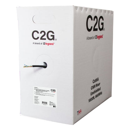 C2G56049 1000ft Cat6A bulk cable pull box angled view showing C2G logo, product label and black cable feeding from the payout hole, C2G
