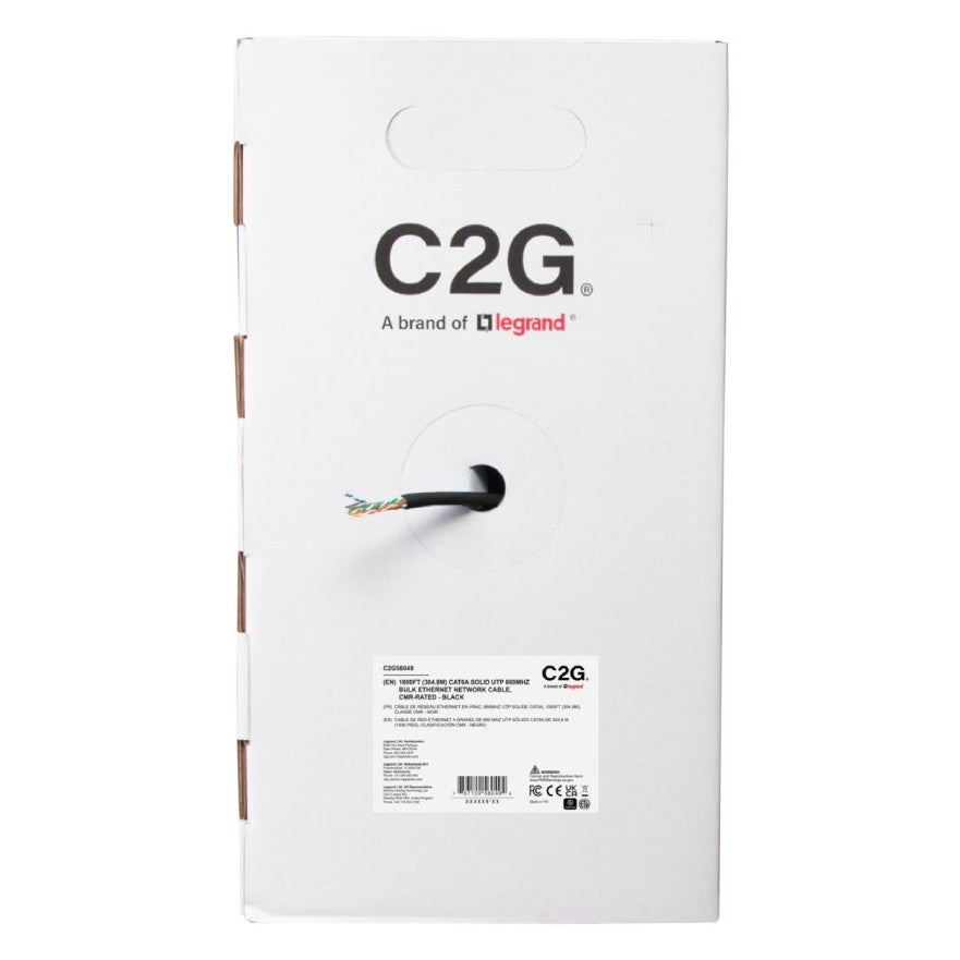 C2G56049 1000ft Cat6A CMR bulk cable box front view with C2G and Legrand branding, payout hole and barcode product label, C2G