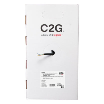 C2G56049 1000ft Cat6A CMR bulk cable box front view with C2G and Legrand branding, payout hole and barcode product label, C2G