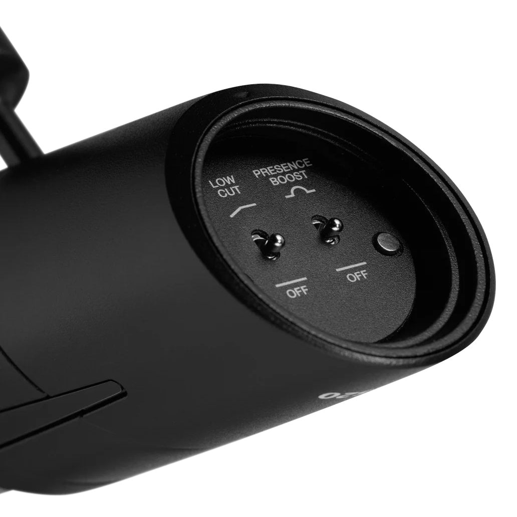 PDX520 rear end detail showing Low Cut and Presence Boost toggle switches in the off position next to the XLR connector end, Audix