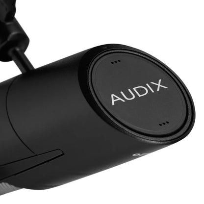 PDX520 bottom end cap with white AUDIX logo and small vent dots, shown next to the stand mount bracket, Audix