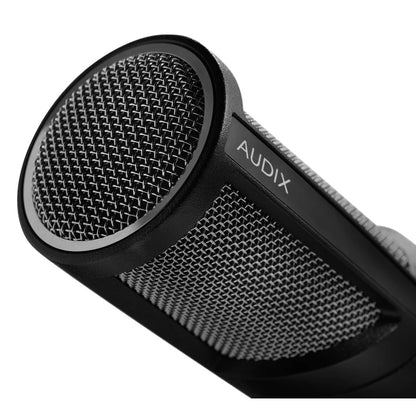 PDX520 close-up of the front steel mesh grille and side mesh window with AUDIX logo plate, Audix