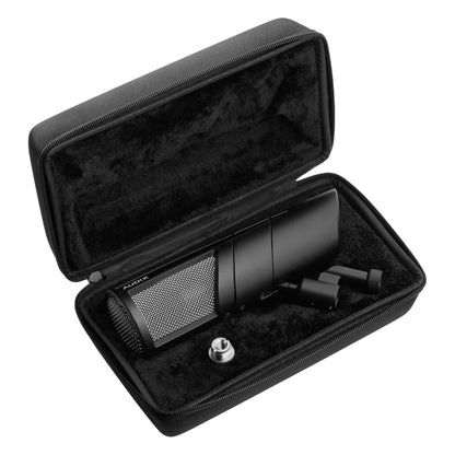 PDX520 microphone in its black zippered carry case with plush lining, shock-style stand mount clamp and thread adapter included, Audix