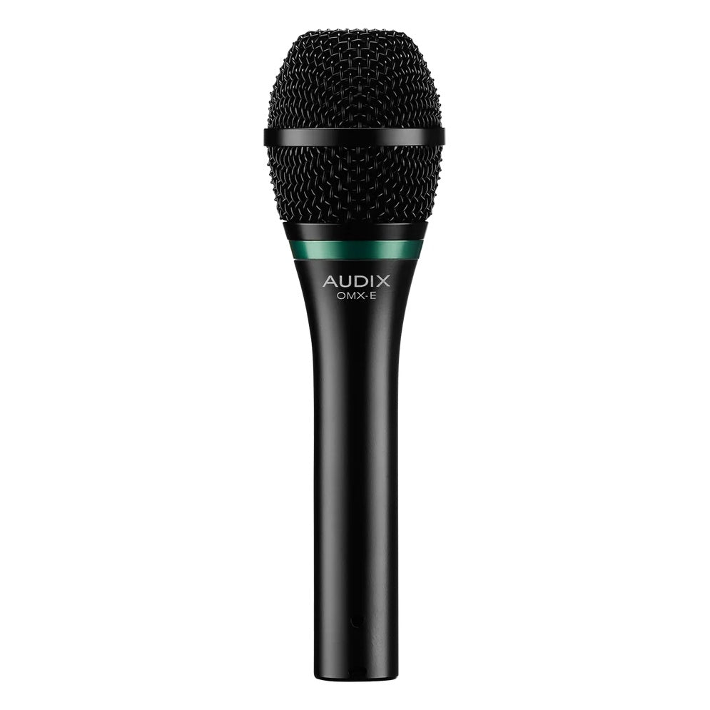 OMX-E dynamic vocal microphone front view with black mesh grille, green accent ring and AUDIX OMX-E logo on the handle, Audix