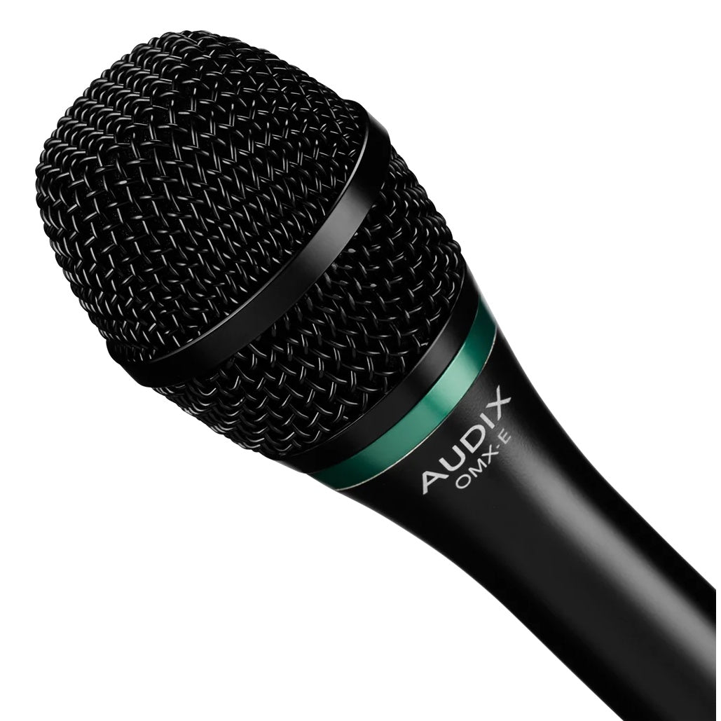 OMX-E close-up of the woven black mesh grille, green accent ring and AUDIX OMX-E logo on the body, Audix